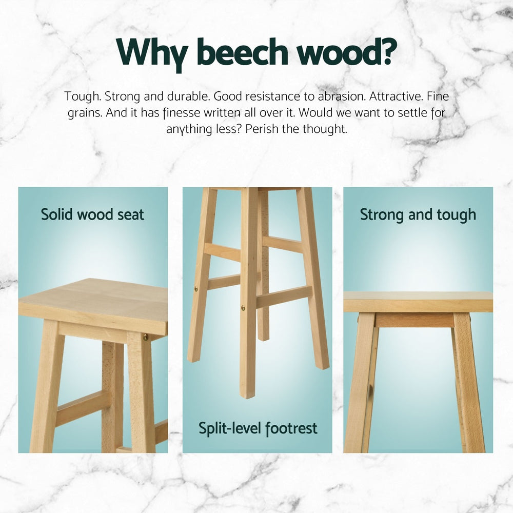 Promotional image of beech wood stools with text highlighting its qualities on a marble background.