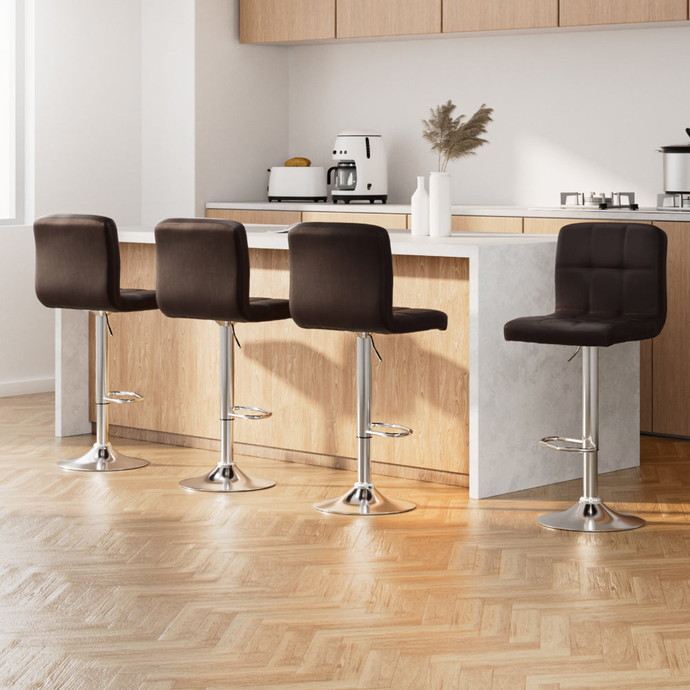 4 x Leather Padded Gas Lift Bar Stools Brown