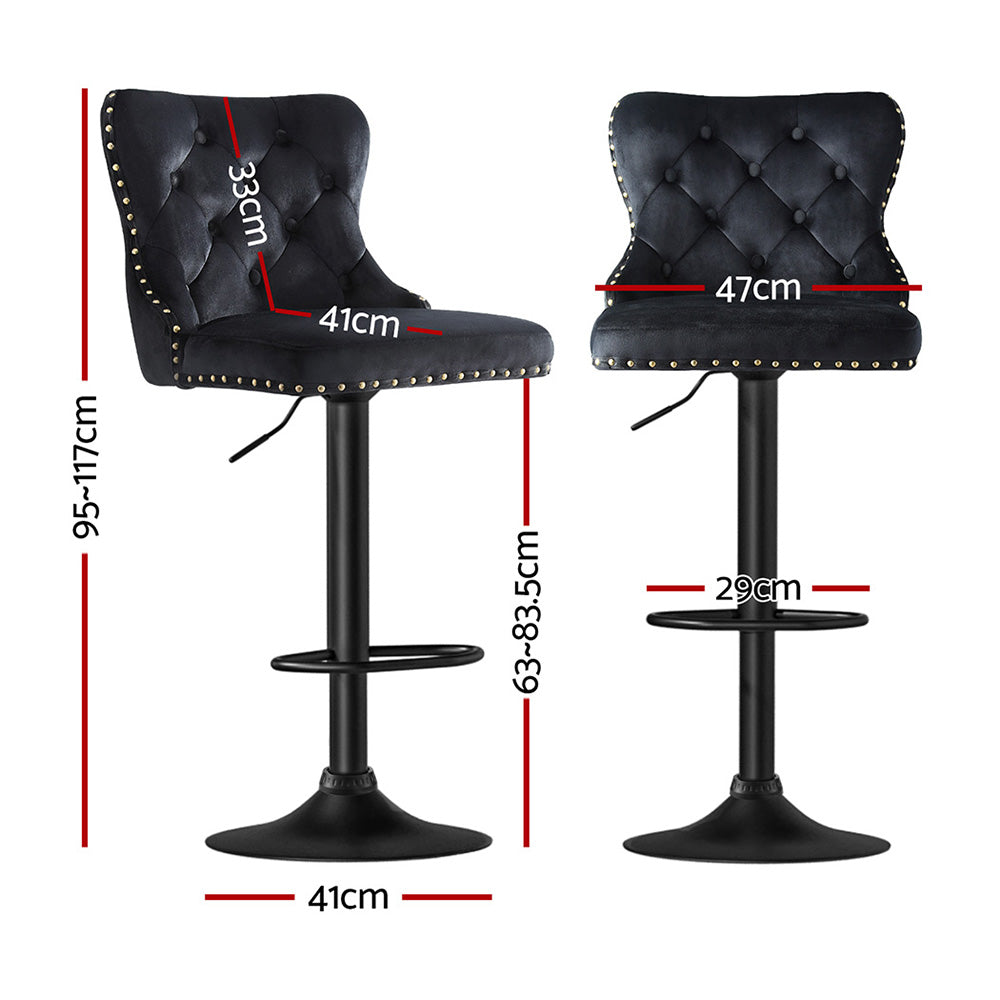 Two black bar stools with measurements on a white background