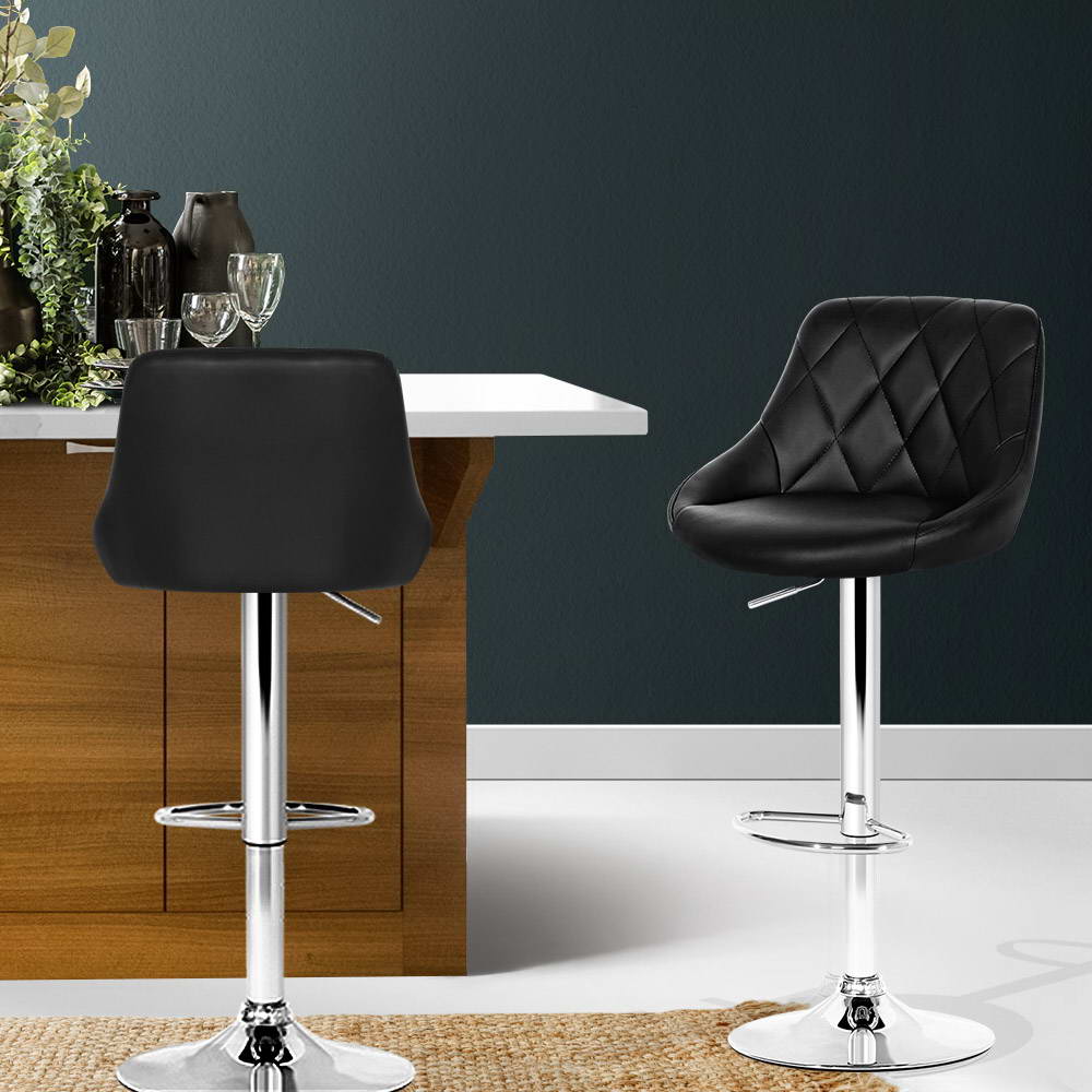 2 x Leather Padded Gas Lift Bar Stools Black