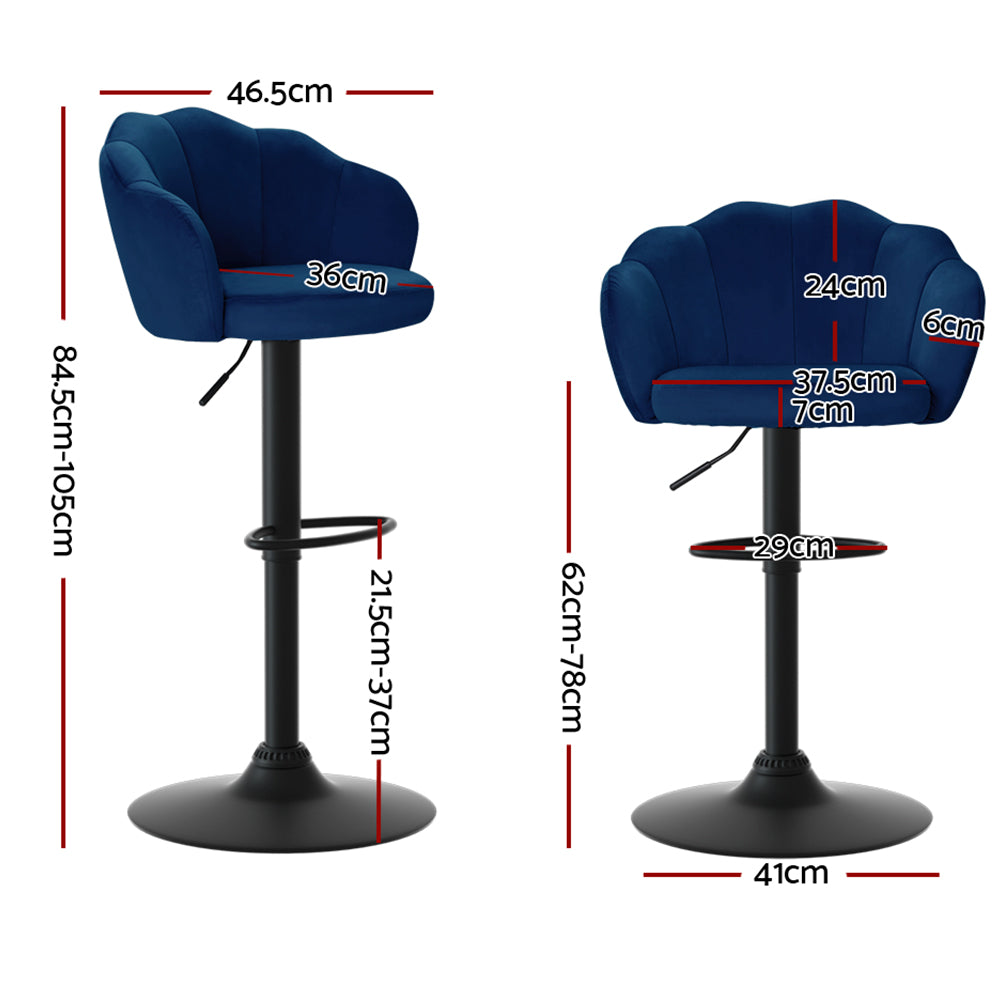 Set of 2 Velvet Clamshell Gas Lift Bar Stools Blue