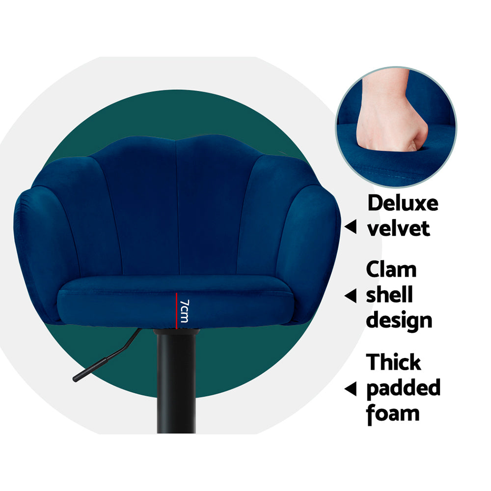 Set of 2 Velvet Clamshell Gas Lift Bar Stools Blue