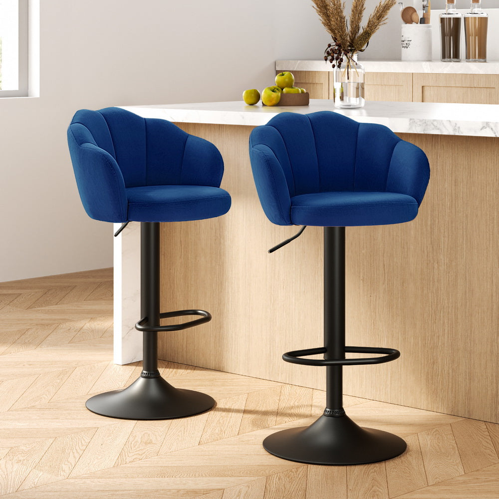 Set of 2 Velvet Clamshell Gas Lift Bar Stools Blue