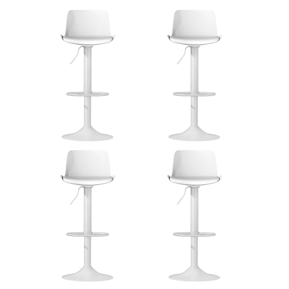Four white bar stools with white seats on a white background