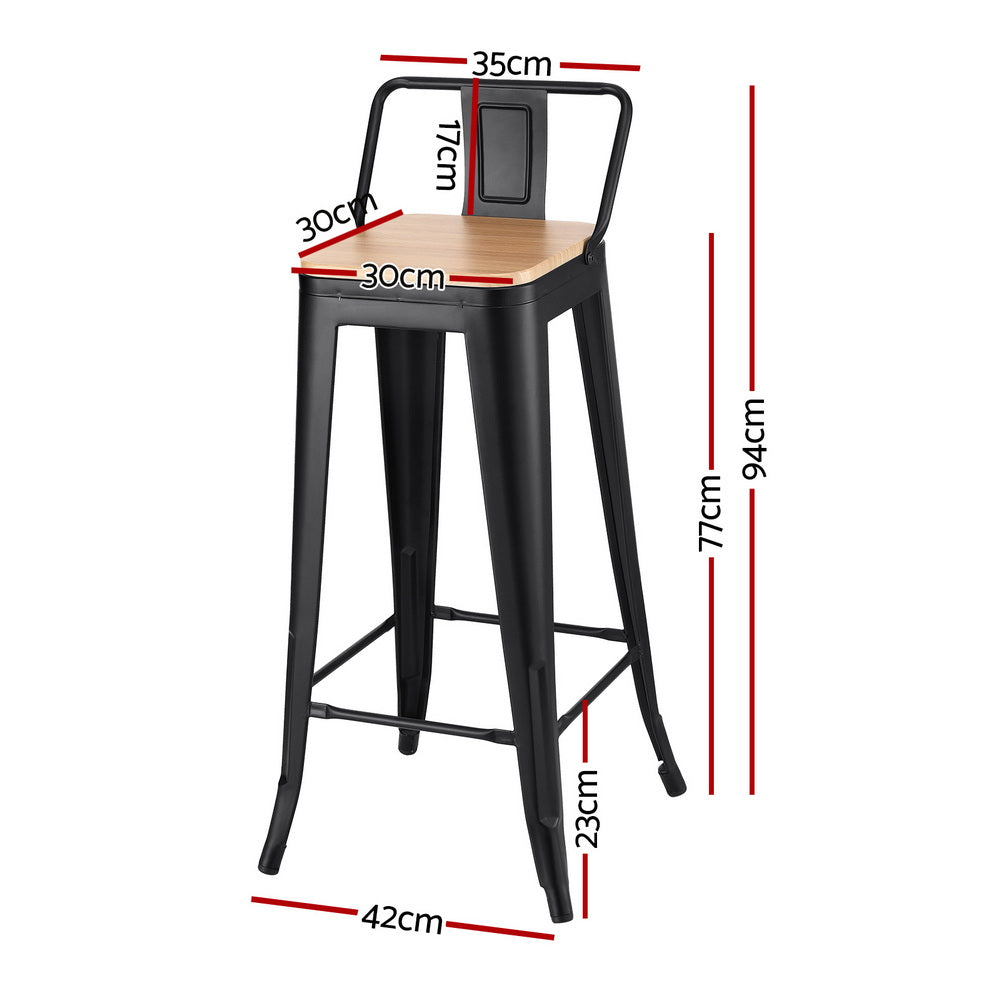 Black bar stool with wooden seat and dimensions marked on a white background