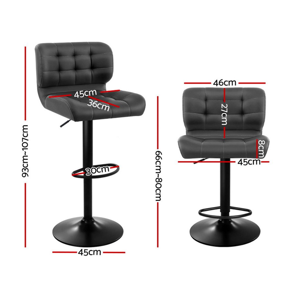 Two black bar stools with measurements on a white background