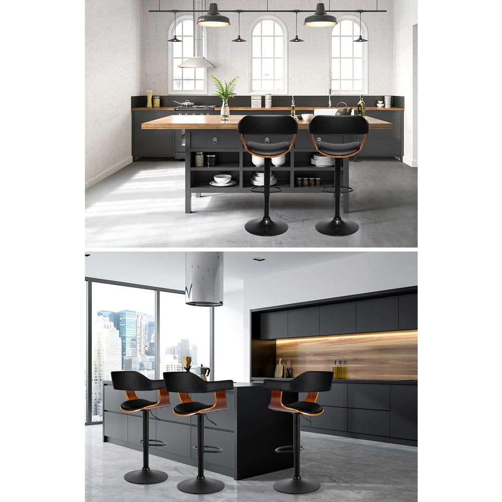 1 x Leather Curved Seat Gas Lift Bar Stool All Black