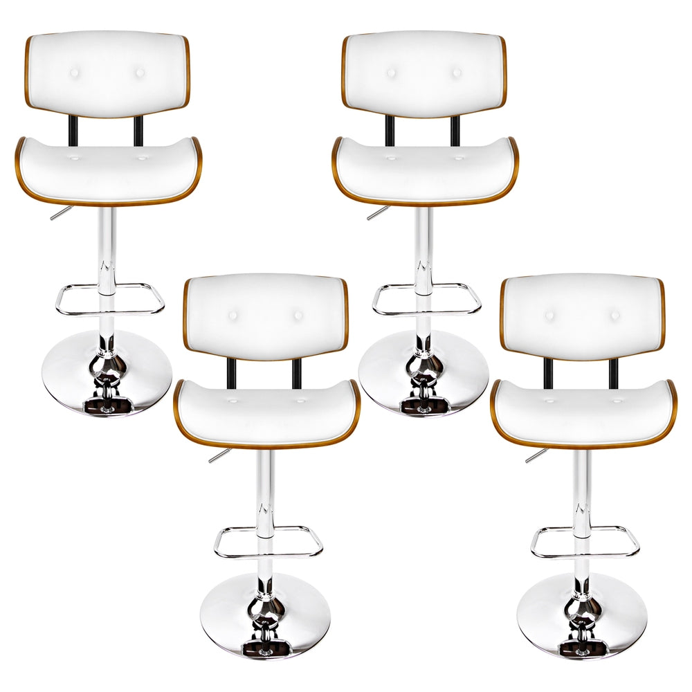 Set of six white bar stools with gold accents on a white background