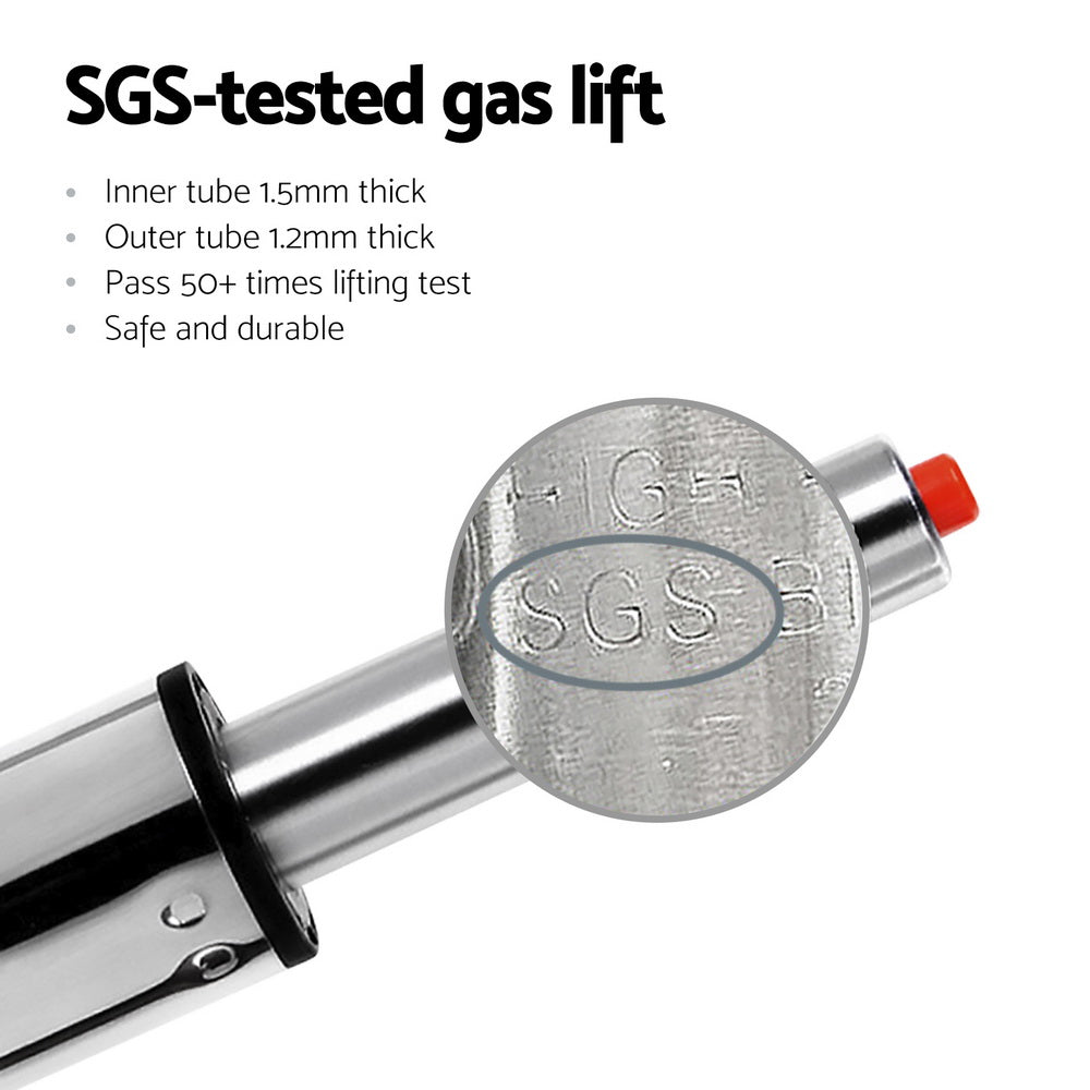Metallic gas lift component with SGS testing label on a white background