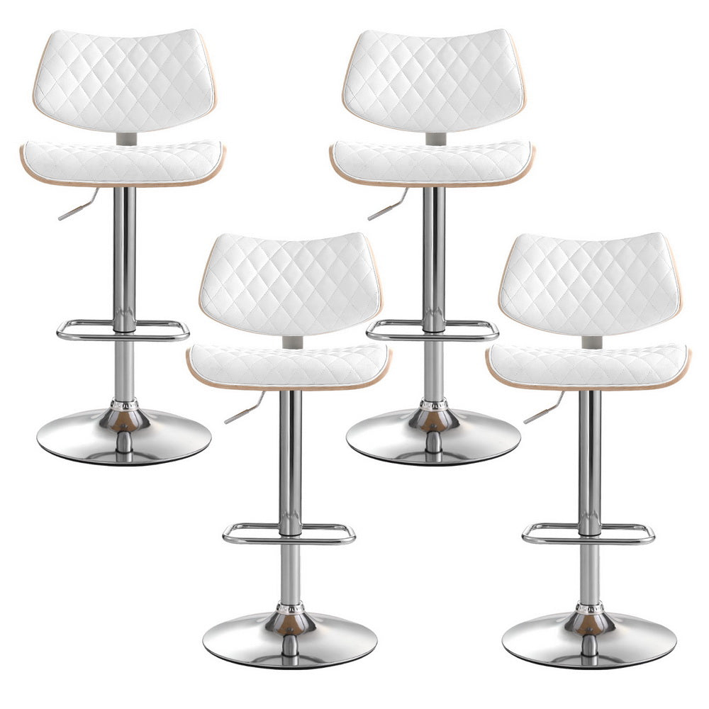 Four white quilted bar stools with chrome bases on a white background