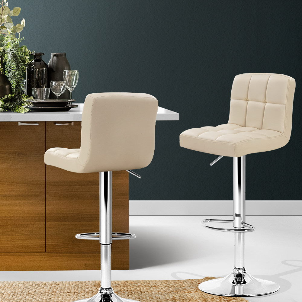 2 x Leather Gas Lift Bar Stools Beige