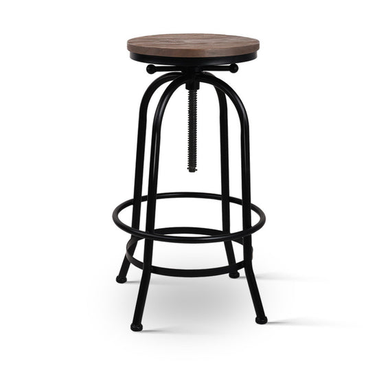 Bar stool with wooden seat and black metal frame on a white background
