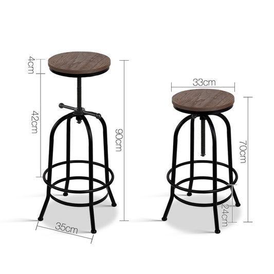 Two bar stools with dimensions labeled on a white background