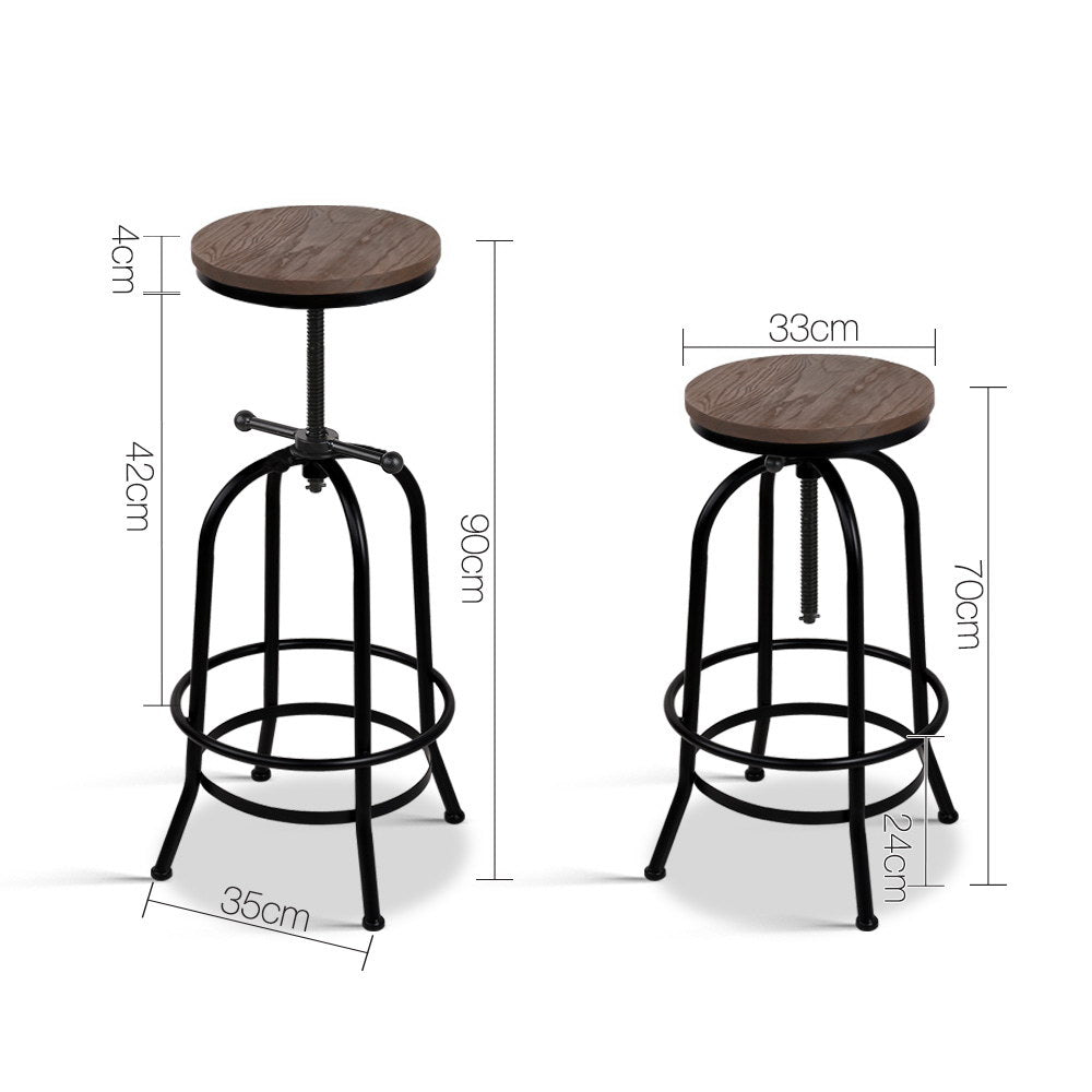 Industrial adjustable bar stool showing dimensions and height in centimeters
