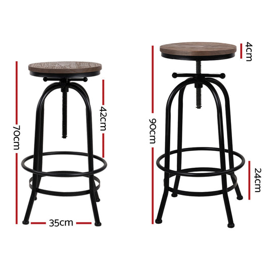 Two bar stools with dimensions indicated on a white background