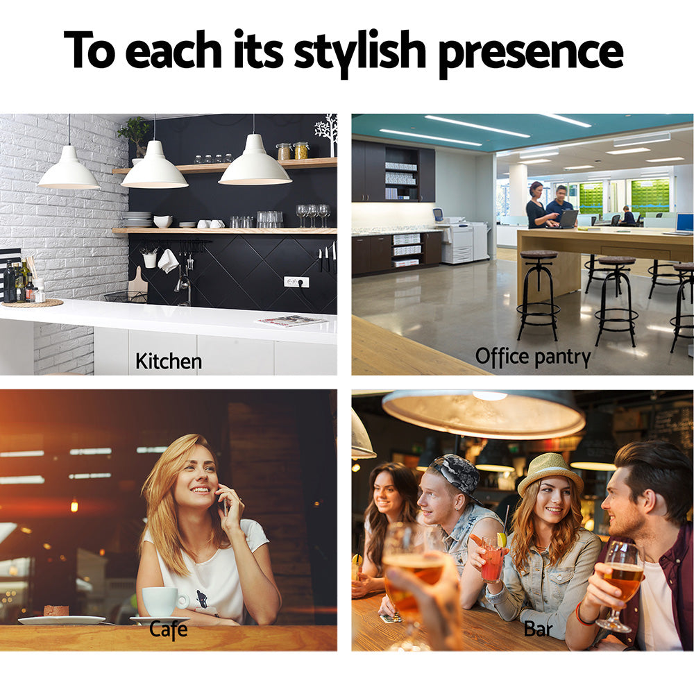 Collage of a kitchen, office pantry, cafe, and bar with text 'To each its stylish presence'.