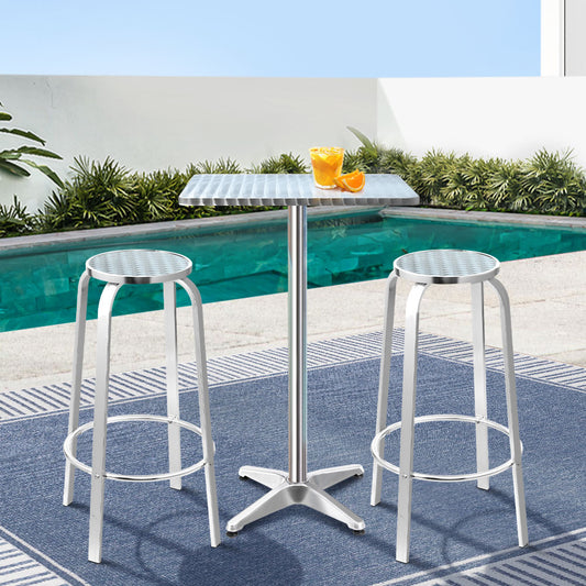 Apex Outdoor Aluminium Bar Table & Stools Set – Square Silver (3–Piece)