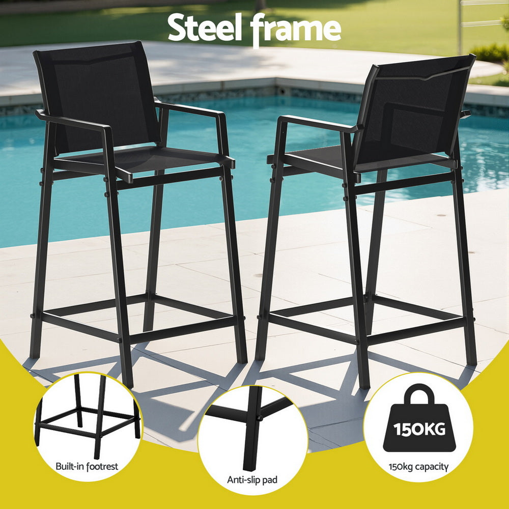Outdoor Bar Stools Steel Dining Chairs Patio Furniture Garden Black (Set of 2)