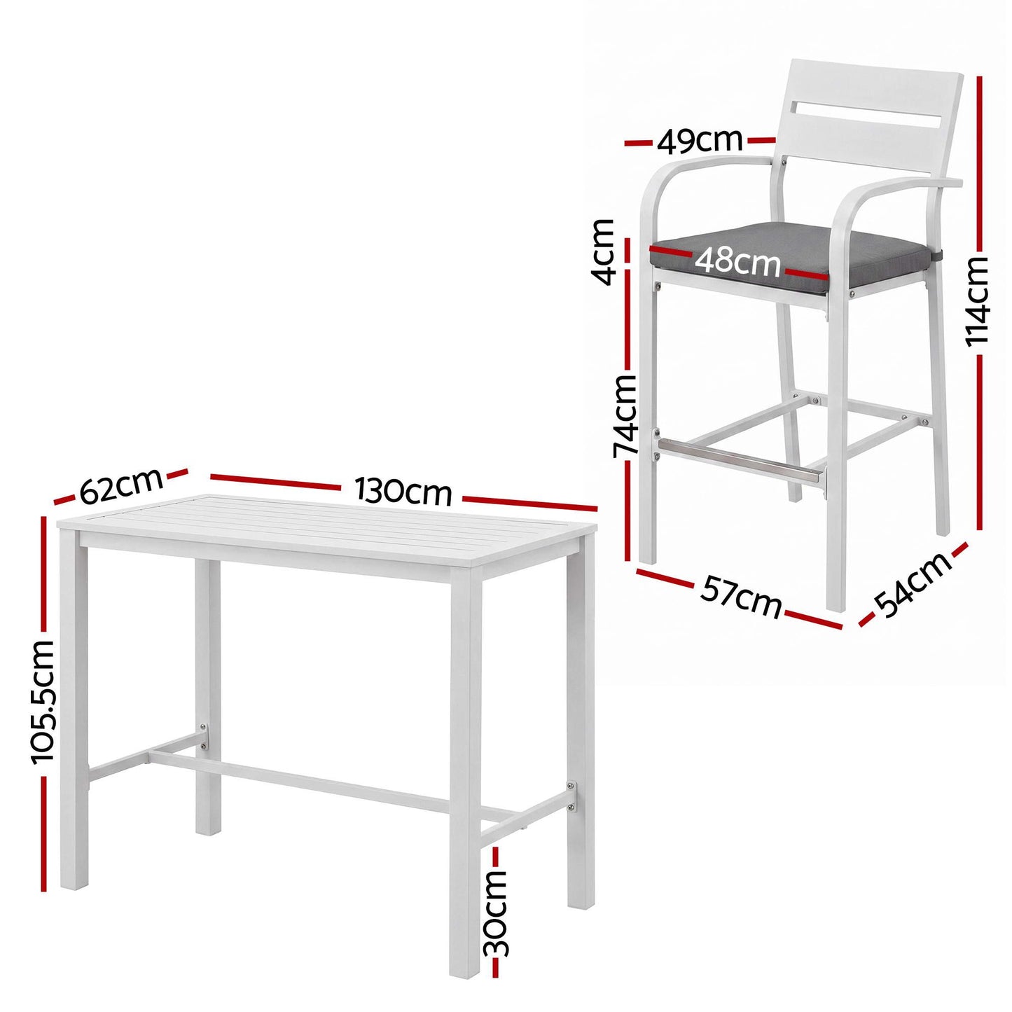 White table and chair with dimensions marked on a white background