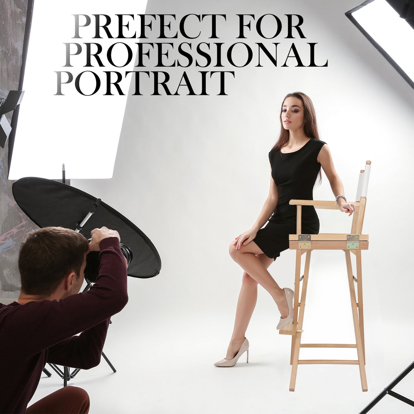 Woman sitting on a high chair in a photo studio with text 'Perfect for Professional Portrait'.