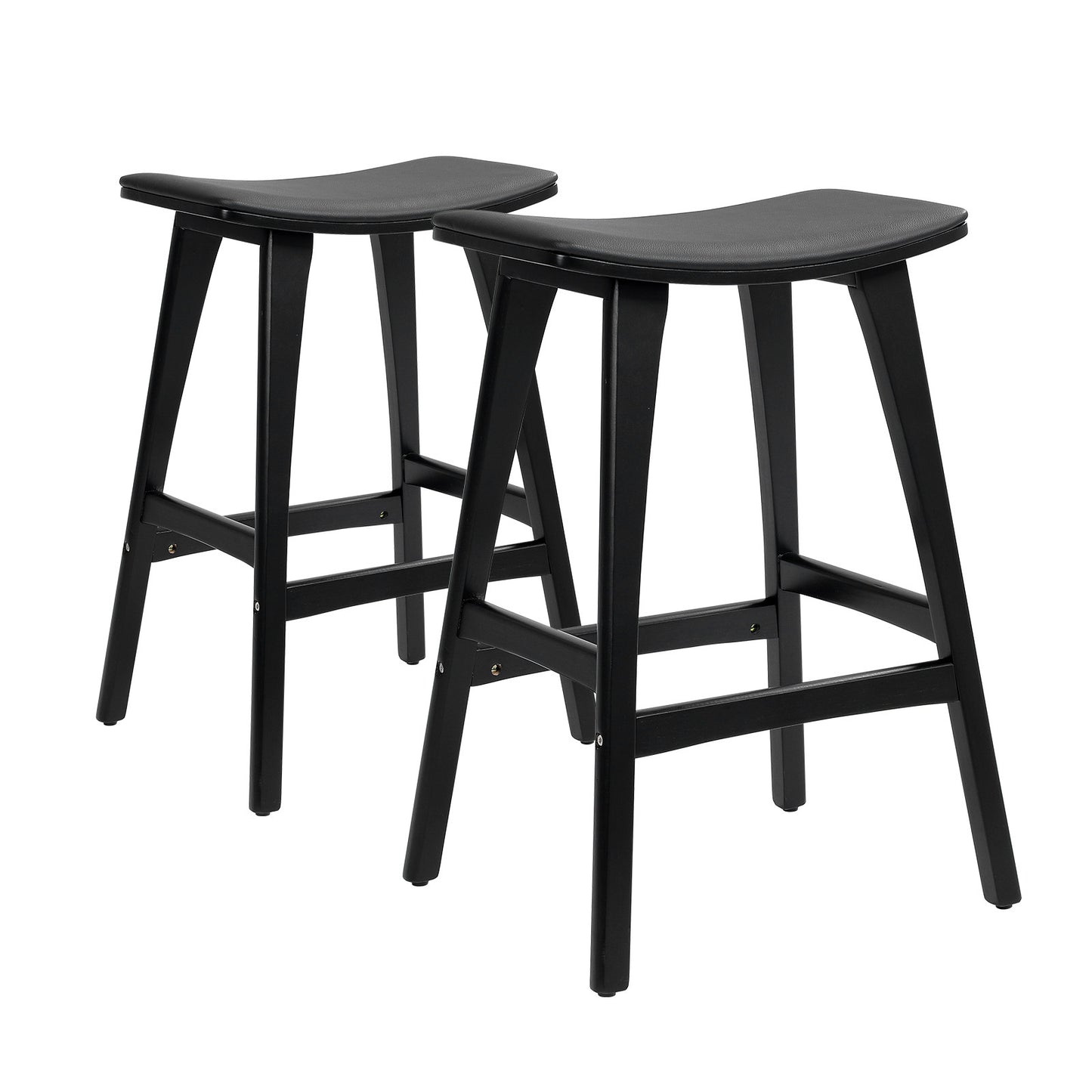Two black bar stools on a white background
