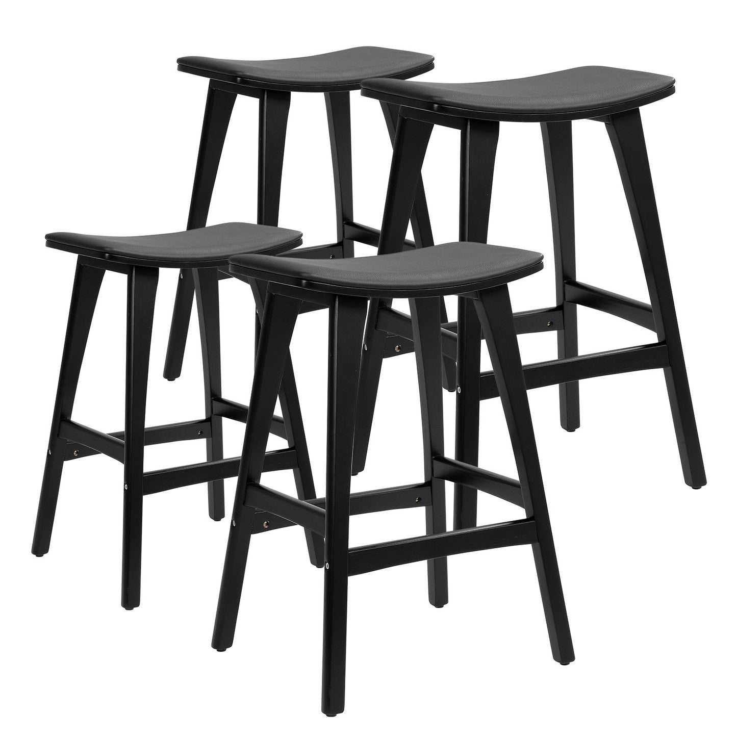 Four black bar stools on a white background