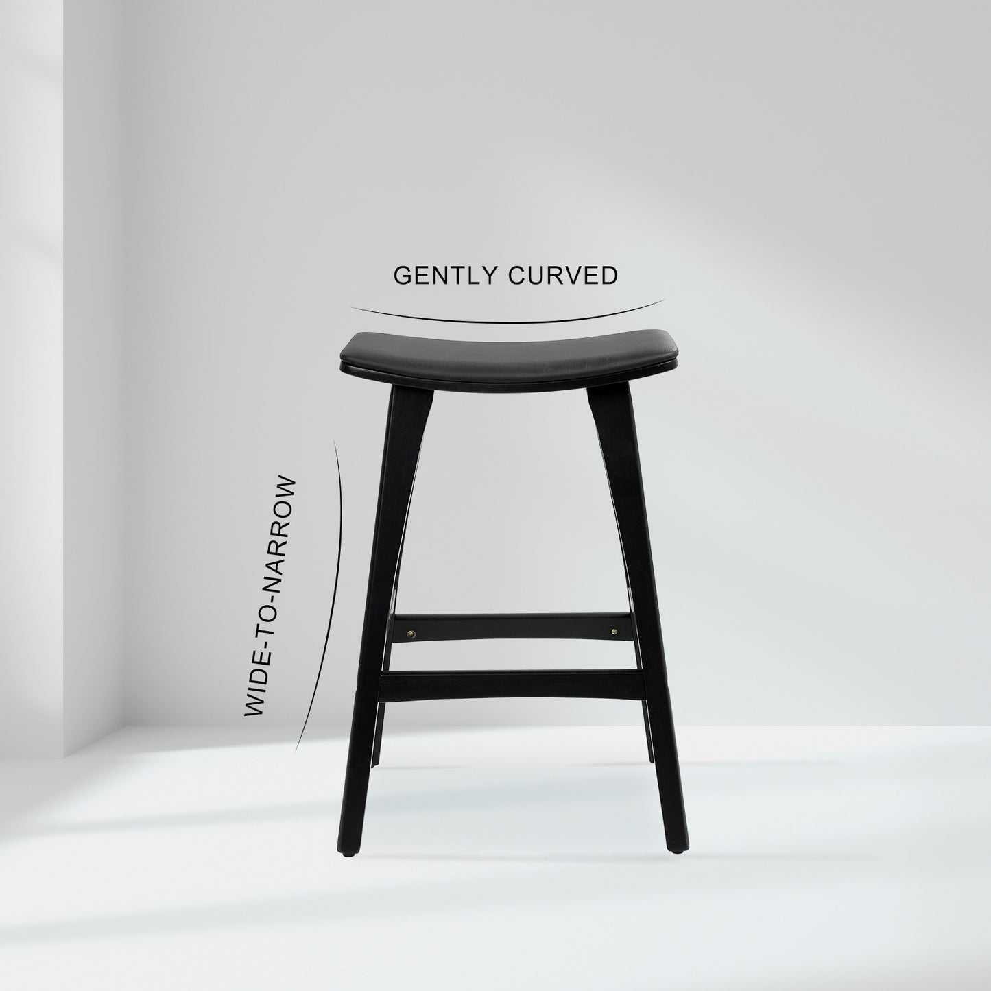 Black bar stool with 'Gently Curved' text on a white background