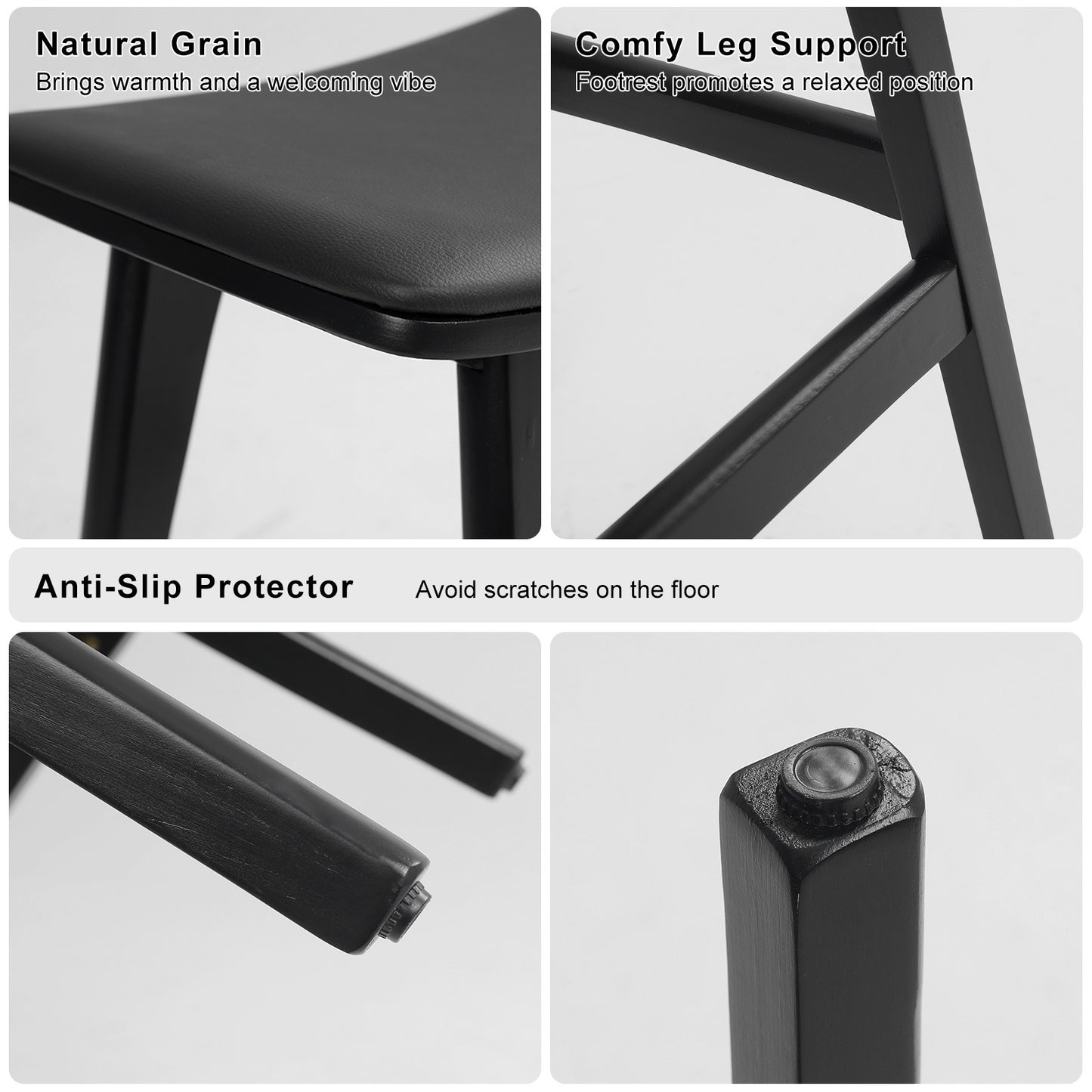 Black stool with features highlighted: natural grain finish, comfy leg support, and anti-slip protector.
