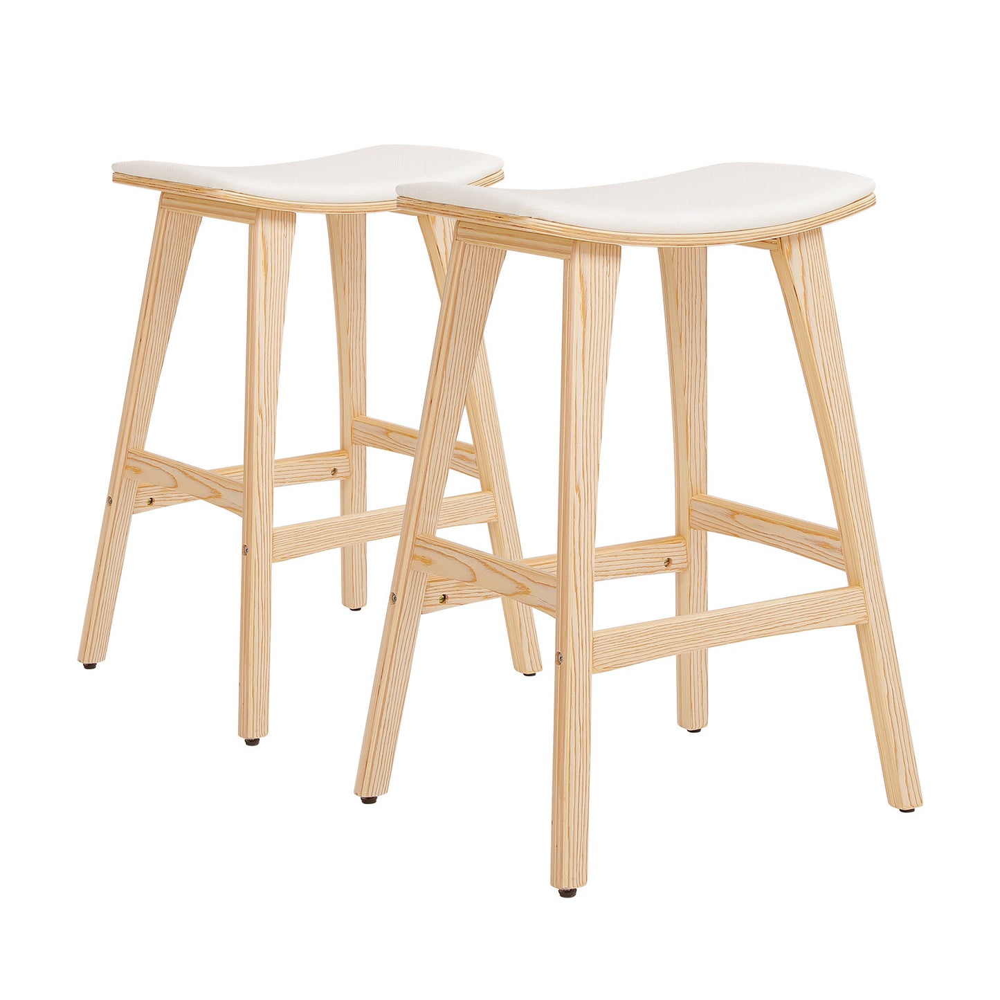Two wooden bar stools with white seats on a white background