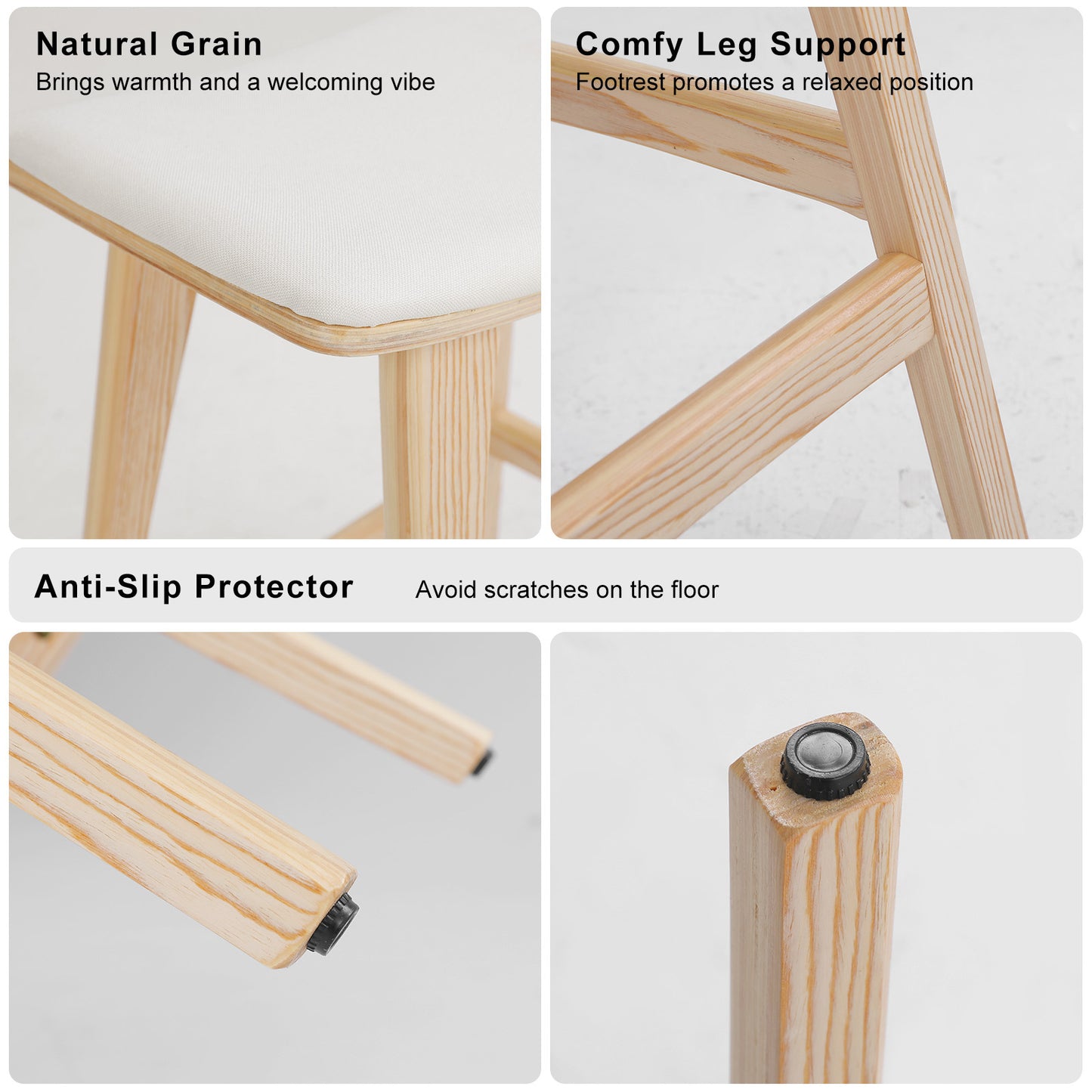 Wooden stool with features highlighted: natural grain, comfy leg support, and anti-slip protector.
