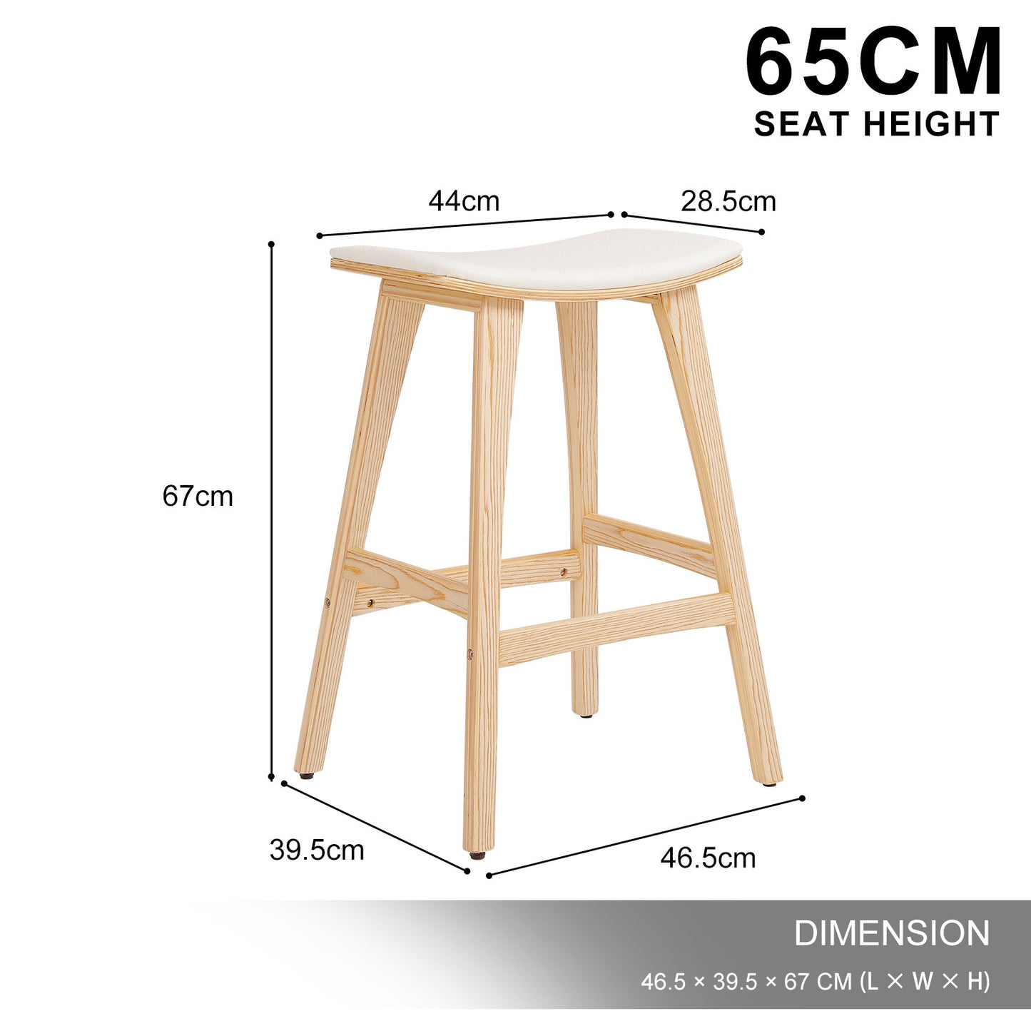 Wooden bar stool with white seat, dimensions labeled on a white background