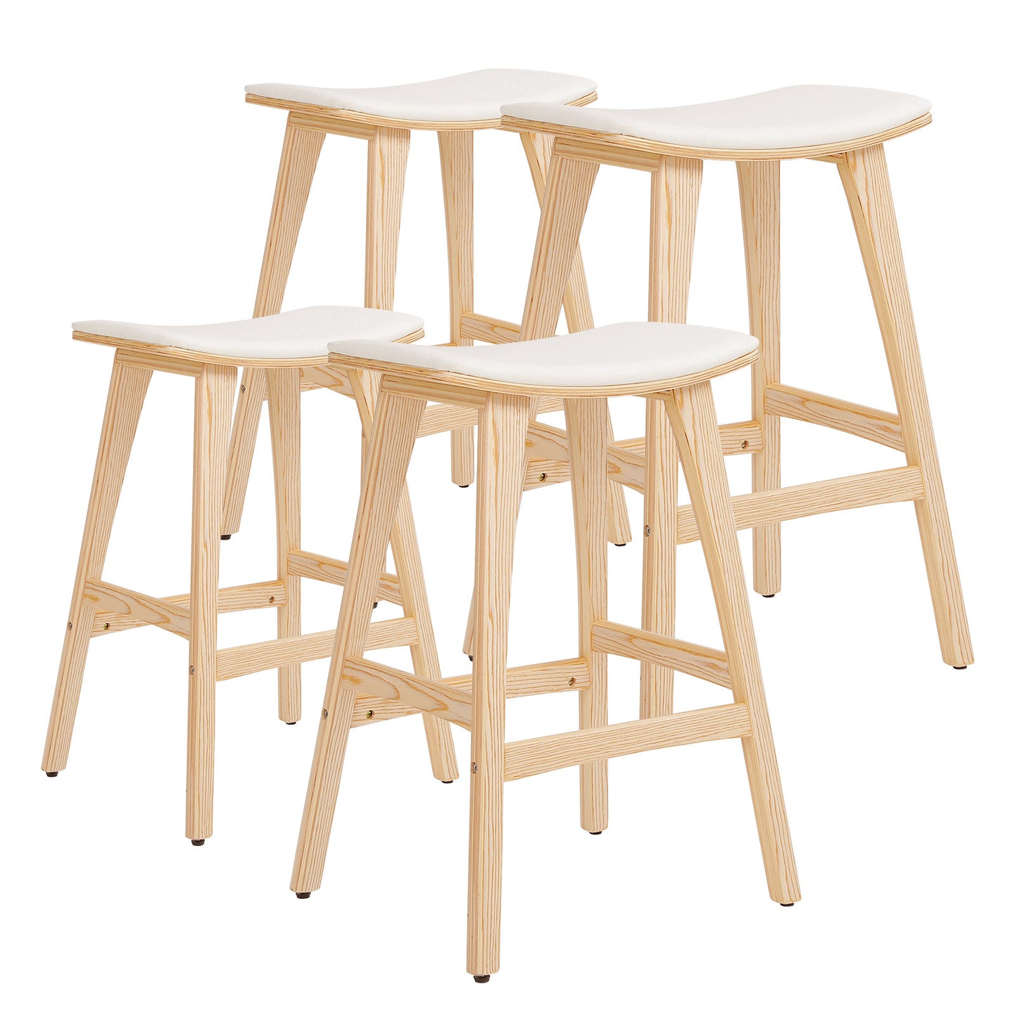 Set of four wooden bar stools with white seats on a white background