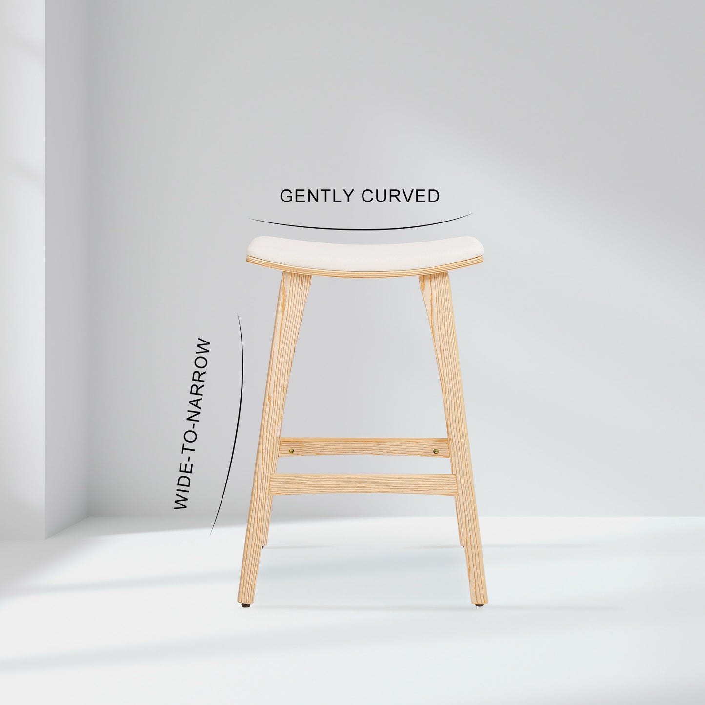 Wooden bar stool with a white cushioned seat on a light gray background