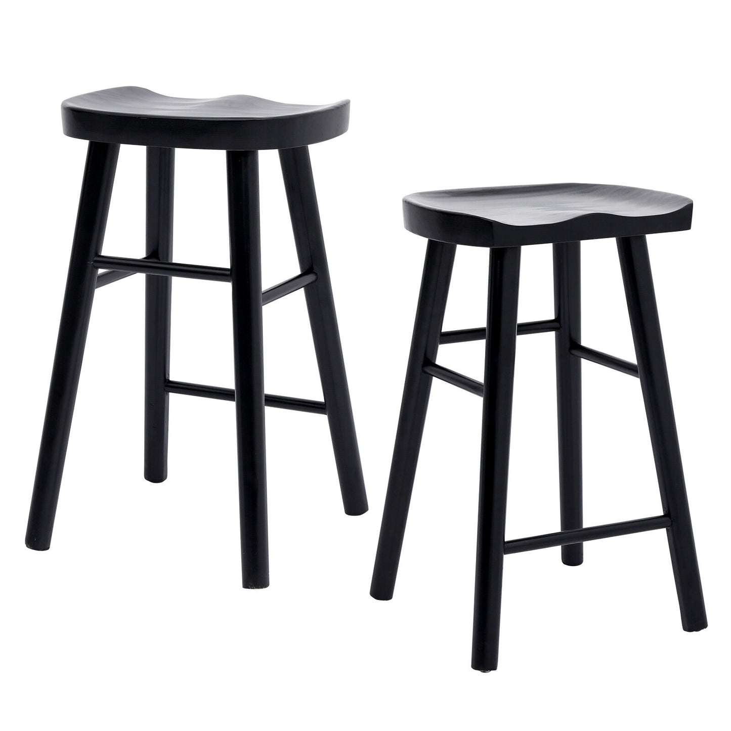 Two black bar stools on a white background