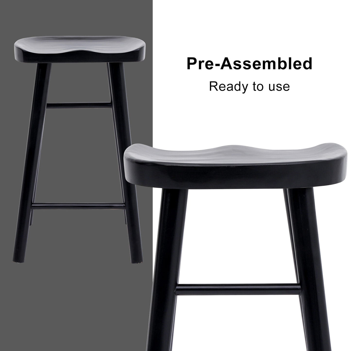 Black bar stool with 'Pre-Assembled' and 'Ready to use' text on a gray background