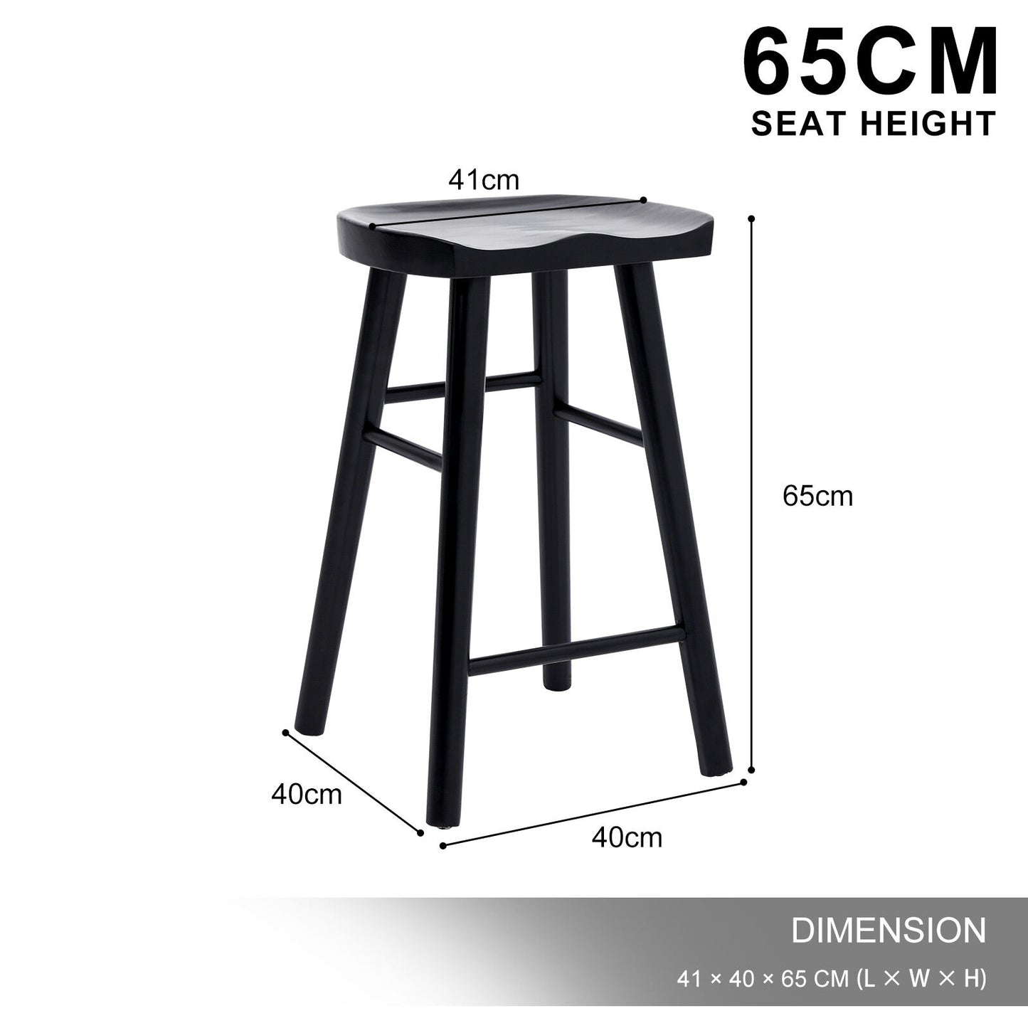 Black bar stool with dimensions labeled on a white background