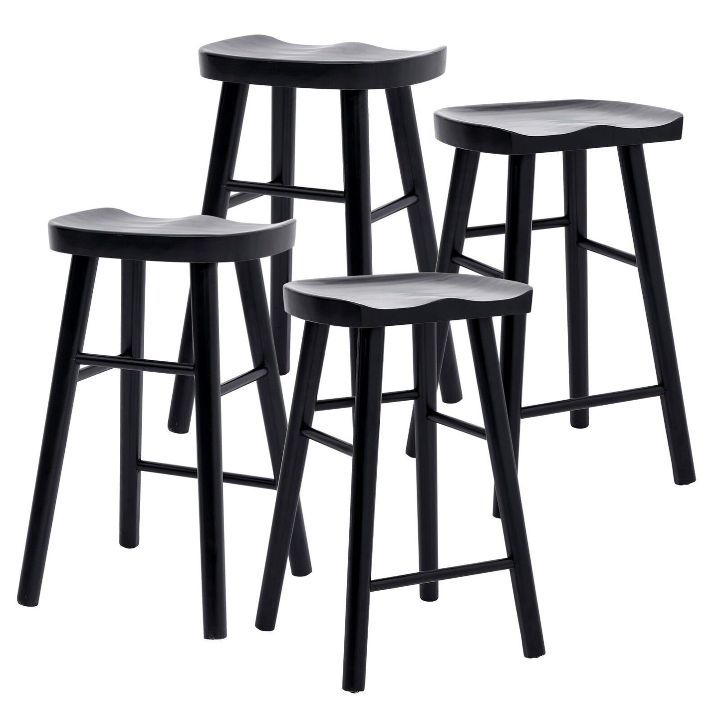Four black bar stools with gray seats on a white background