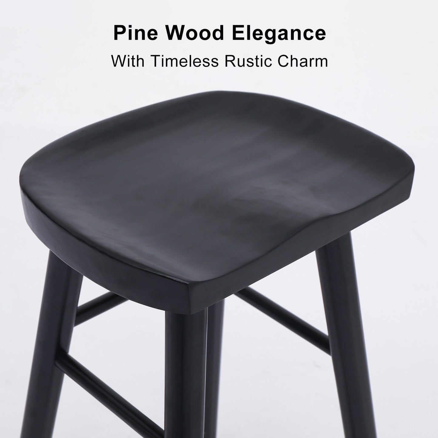 Wooden stool with black finish on a white background, labeled 'Pine Wood Elegance With Timeless Rustic Charm'.