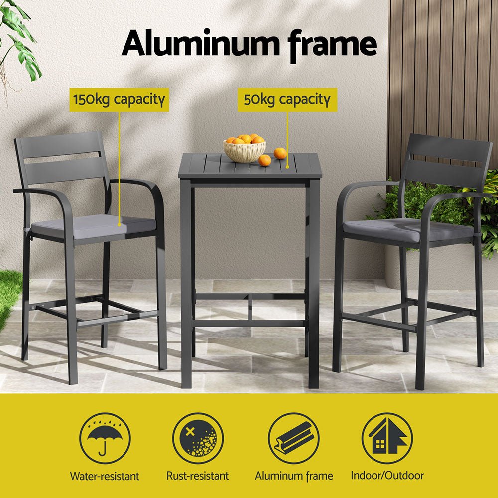 Aluminium Outdoor Dining Bistro Bar Set Black & Grey (3 Piece) - Barstool Express