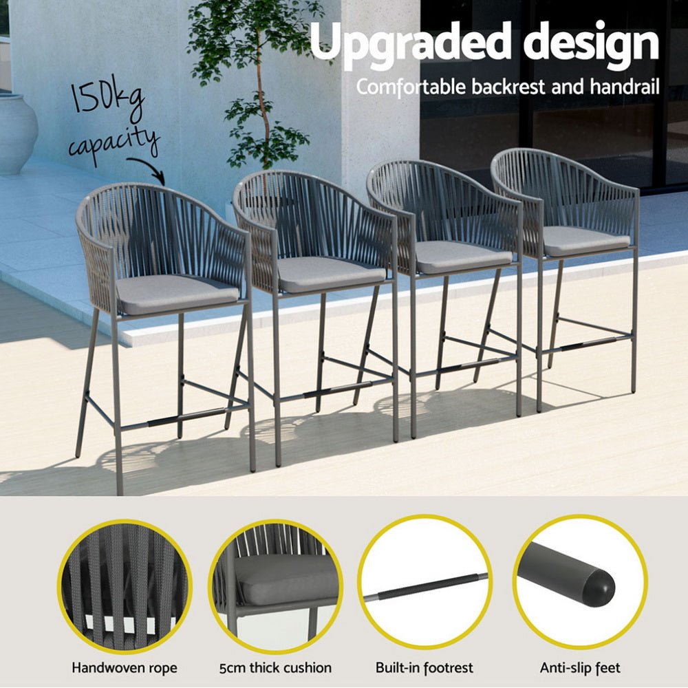 Aluminium Outdoor Dining Bistro Bar Table Set White with Rope Chairs (5 Piece) - Barstool Express