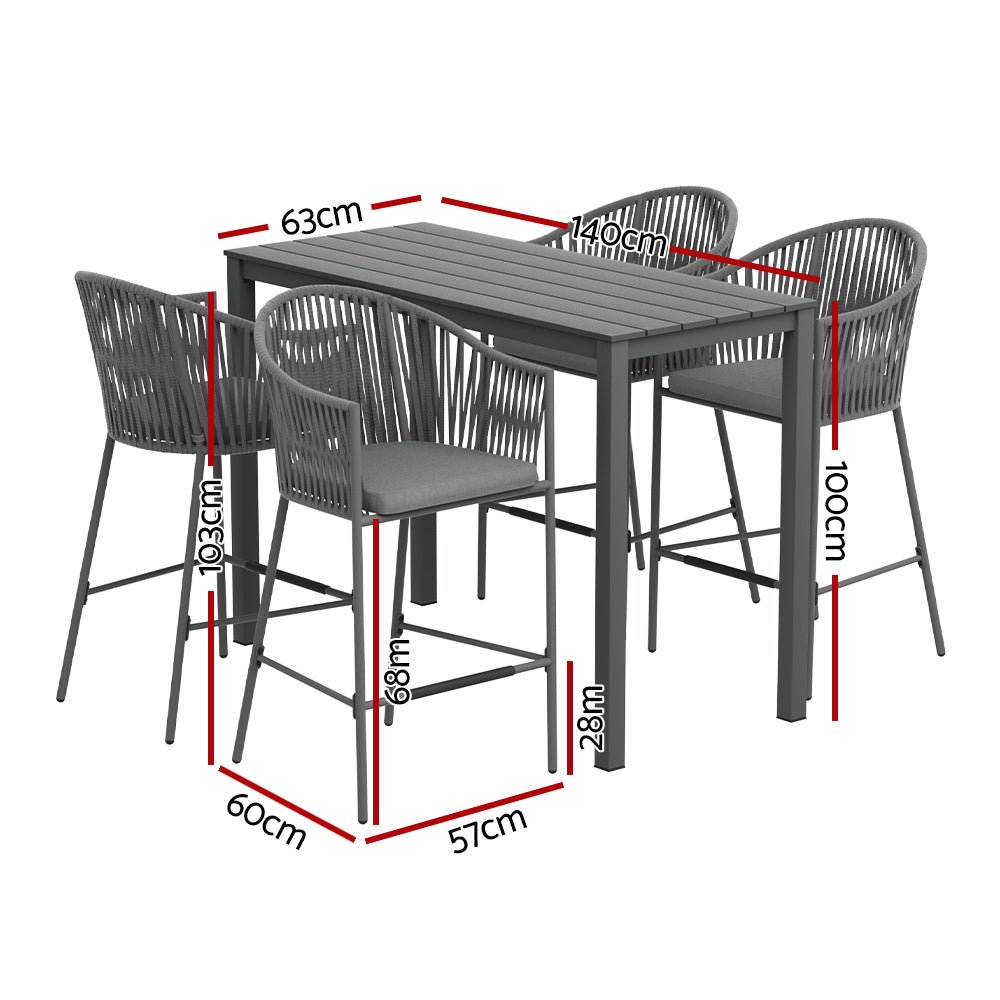 Aluminium Outdoor Dining Bistro Bar Table Set White with Rope Chairs (5 Piece) - Barstool Express