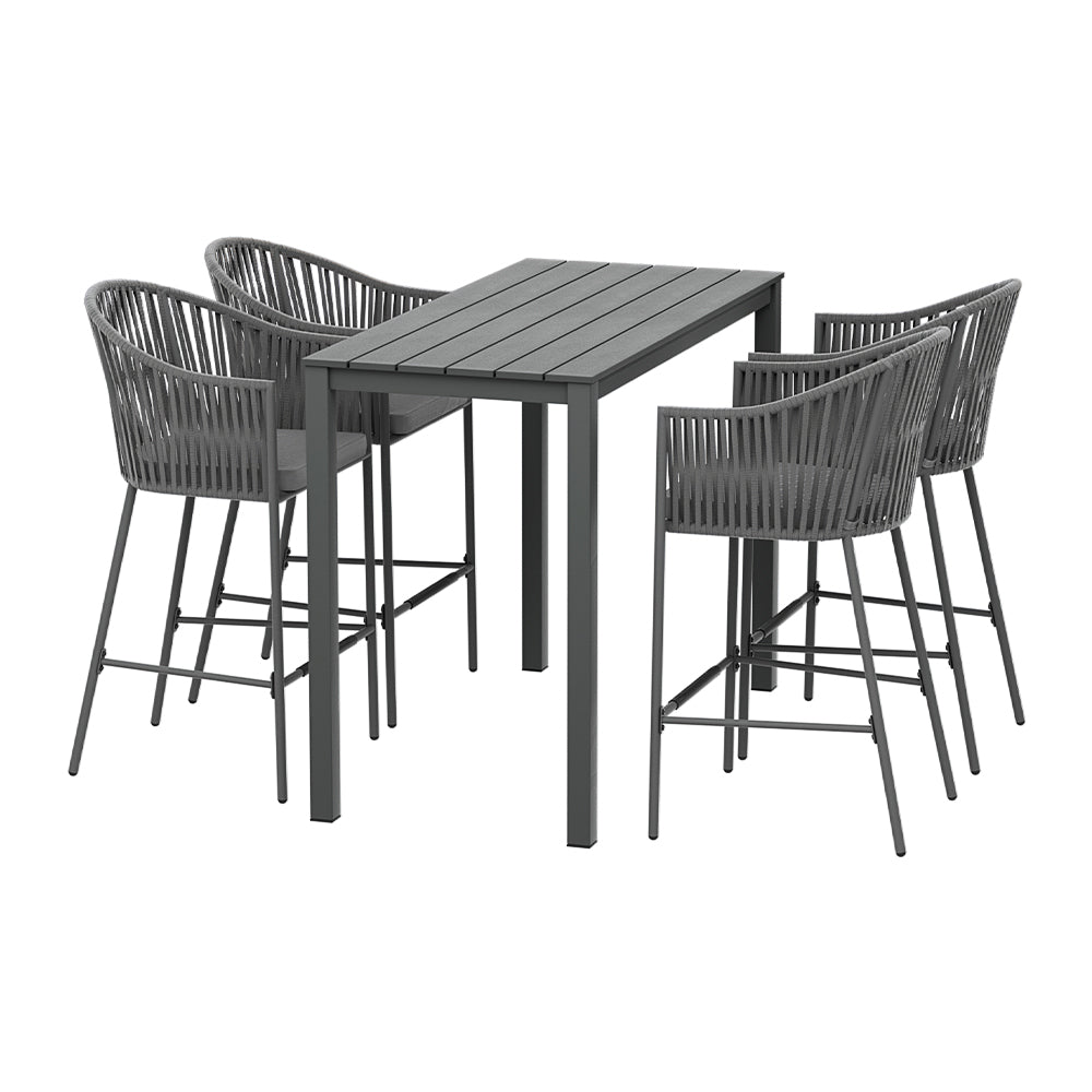Aluminium Outdoor Dining Bistro Bar Table Set White with Rope Chairs (5 Piece) - Barstool Express