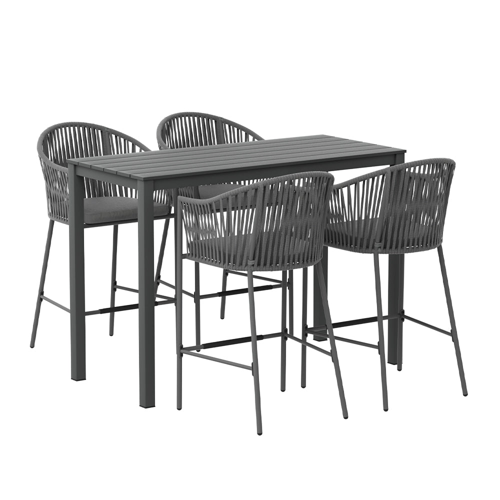 Aluminium Outdoor Dining Bistro Bar Table Set White with Rope Chairs (5 Piece) - Barstool Express