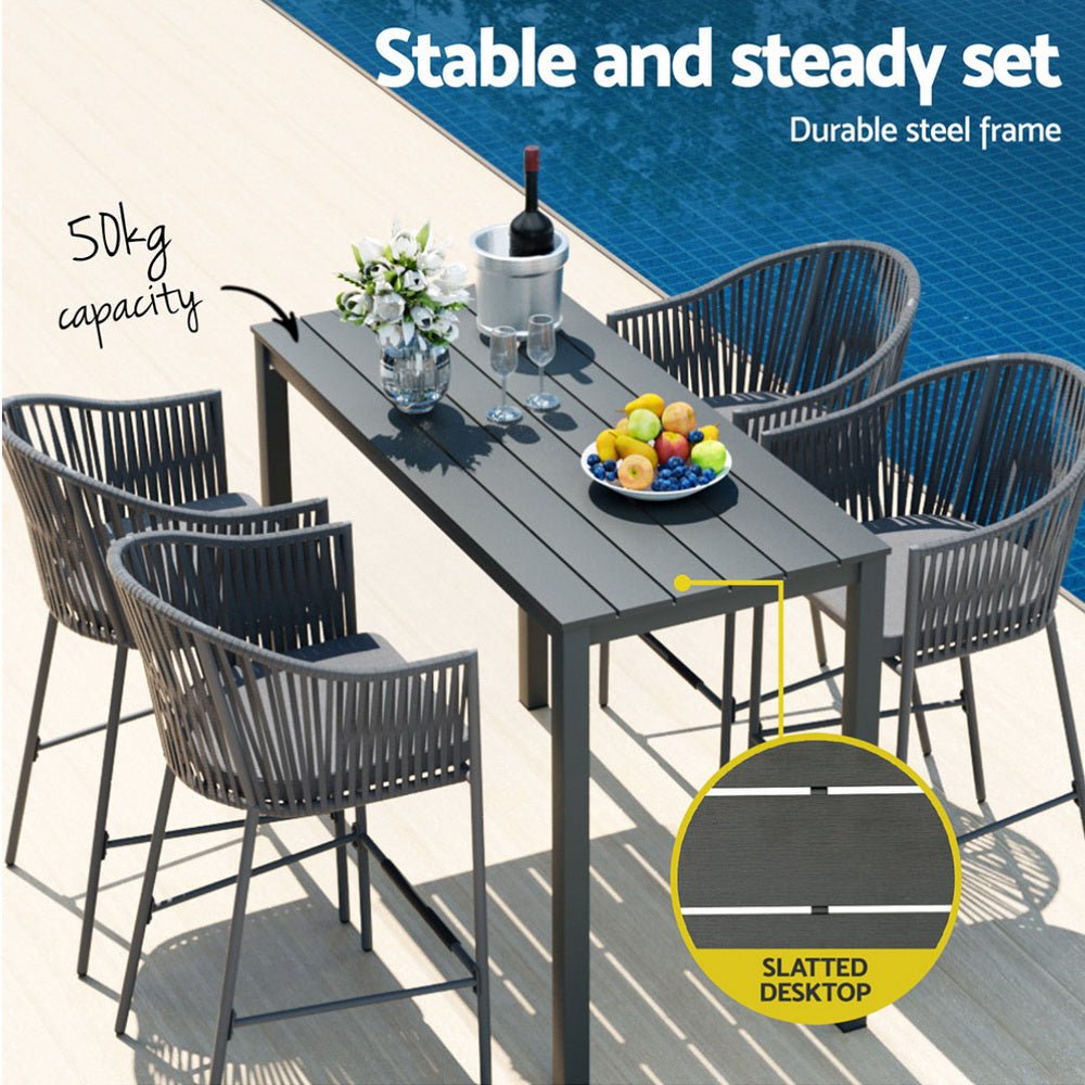 Aluminium Outdoor Dining Bistro Bar Table Set White with Rope Chairs (5 Piece) - Barstool Express