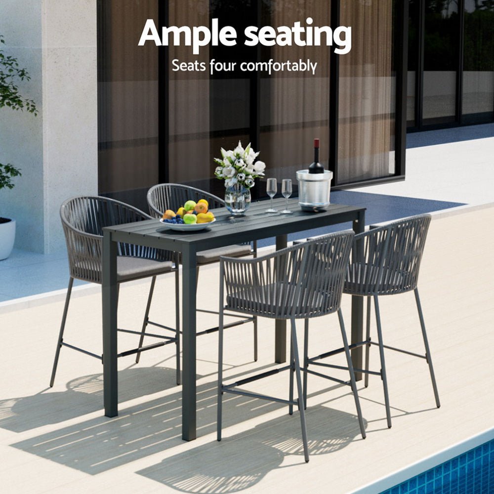 Aluminium Outdoor Dining Bistro Bar Table Set White with Rope Chairs (5 Piece) - Barstool Express
