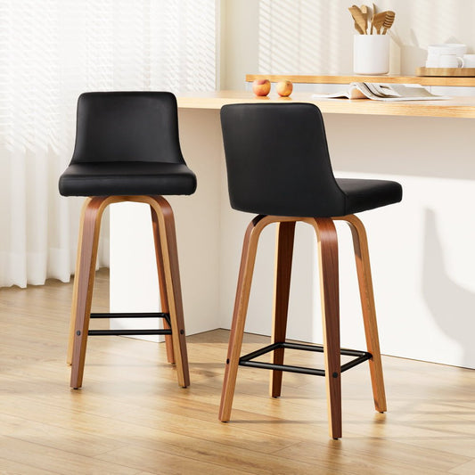 Axel Leather Padded Swivel Bar Stools 66cm Walnut & Black (Set of 2) - Barstool Express