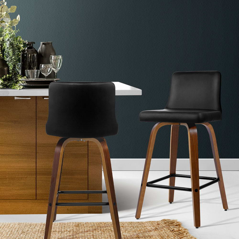 Axel Leather Padded Swivel Bar Stools 66cm Walnut & Black (Set of 2) - Barstool Express