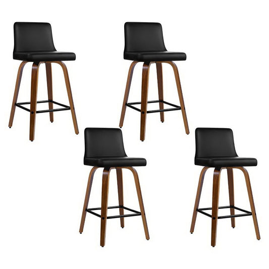 Four black bar stools with wooden legs on a white background