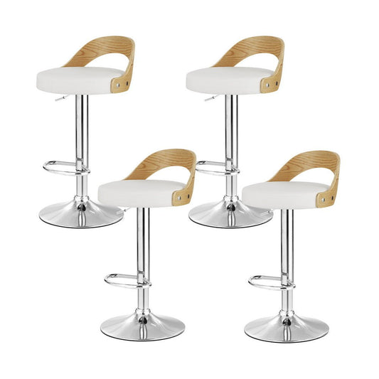 Four white bar stools with wooden seats on a white background