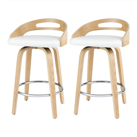 Two wooden bar stools with white seats on a white background